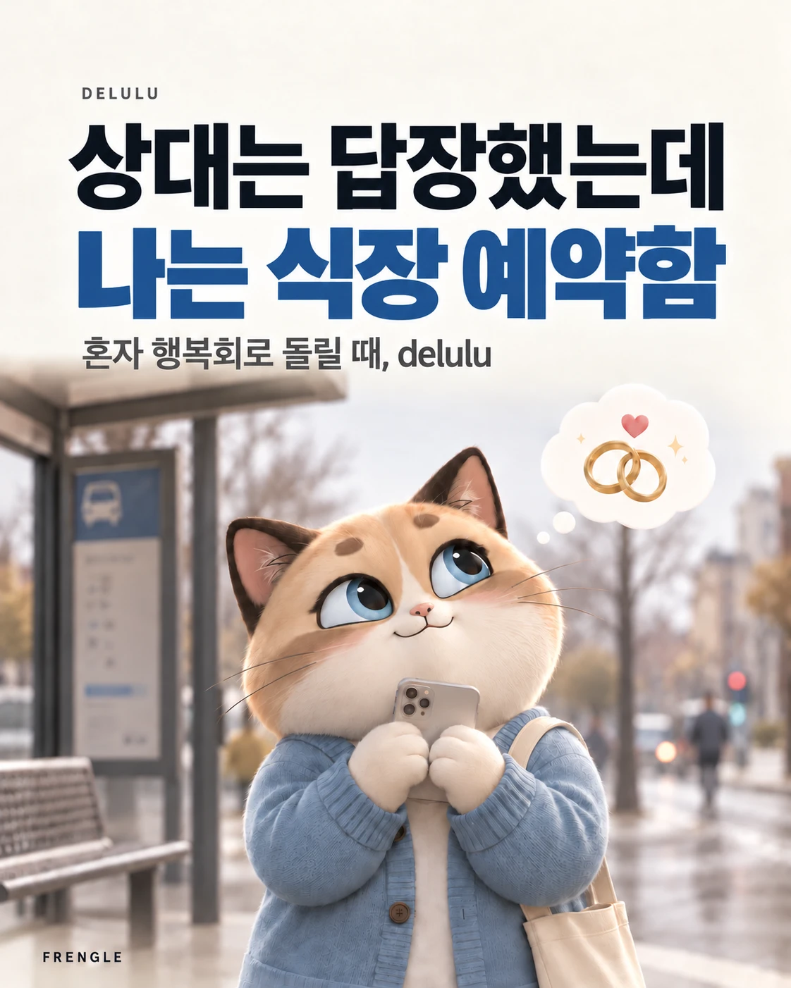 카드뉴스 표지. 「상대는 답장했는데 나는 식장 예약함 — 혼자 행복회로 돌릴 때, delulu」라는 글자 아래, 비 내린 버스 정류장에서 파란 카디건을 입은 통통한 고양이가 휴대폰을 두 손으로 꼭 쥐고 하늘을 올려다보며, 생각 거품 속 결혼반지 두 개를 그리고 있는 그림