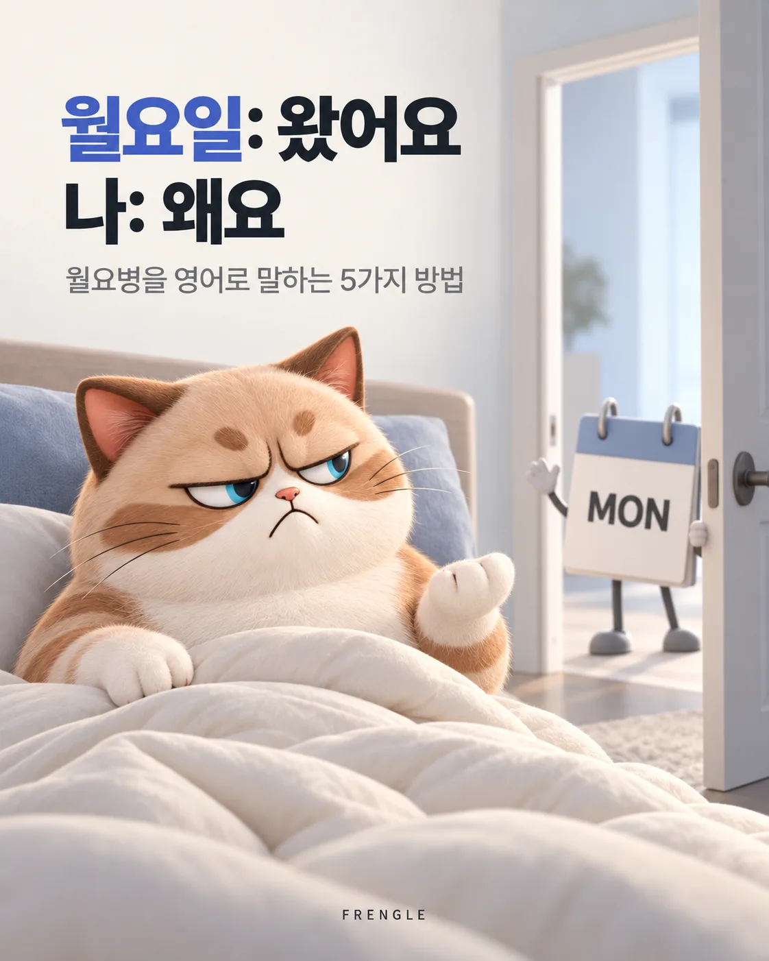 카드뉴스 표지. 「월요일: 왔어요 / 나: 왜요 — 월요병을 영어로 말하는 5가지 방법」이라는 글자 아래, 이불을 덮고 침대에 기댄 통통한 고양이가 잔뜩 찌푸린 얼굴로 곁눈질하고, 열린 방문 사이로 MON이라고 적힌 달력 캐릭터가 손을 흔들며 들어오는 그림