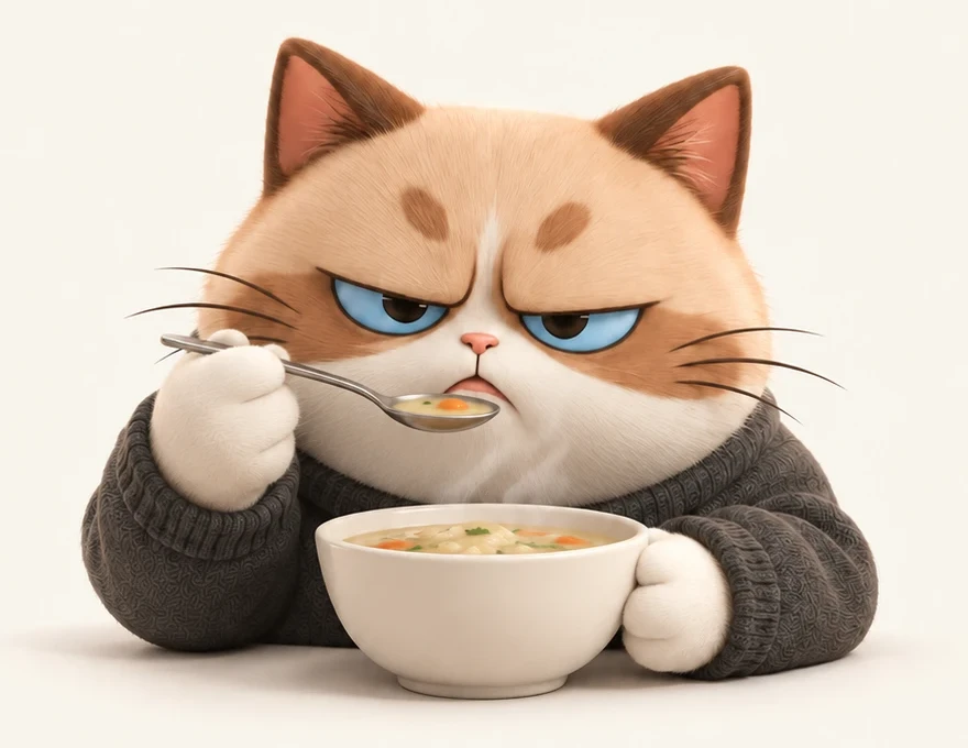 회색 니트를 입은 고양이가 수프 그릇을 끌어안고 숟가락을 입에 댄 채 잔뜩 찌푸린 얼굴로 맛을 보는 그림