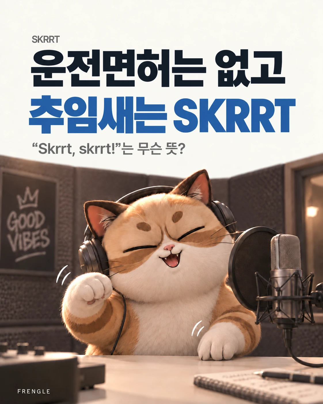카드뉴스 표지. 「운전면허는 없고 추임새는 SKRRT — “Skrrt, skrrt!”는 무슨 뜻?」이라는 글자 아래, 녹음실에서 헤드폰을 쓴 줄무늬 고양이가 마이크 앞에서 눈을 감고 입을 크게 벌린 채 신나게 앞발을 흔드는 그림