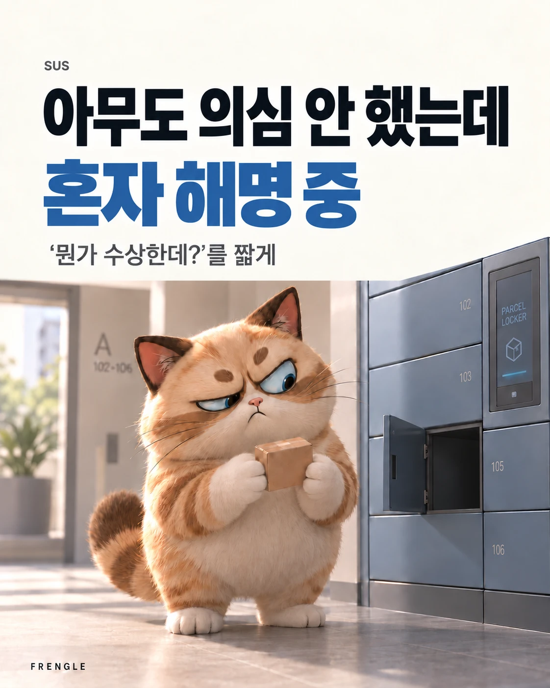 카드뉴스 표지. 「아무도 의심 안 했는데 혼자 해명 중 — ‘뭔가 수상한데?’를 짧게」라는 글자 아래, 택배 보관함 앞에서 줄무늬 고양이가 작은 상자를 두 손으로 쥐고 눈을 가늘게 뜬 채 옆을 흘겨보는 그림